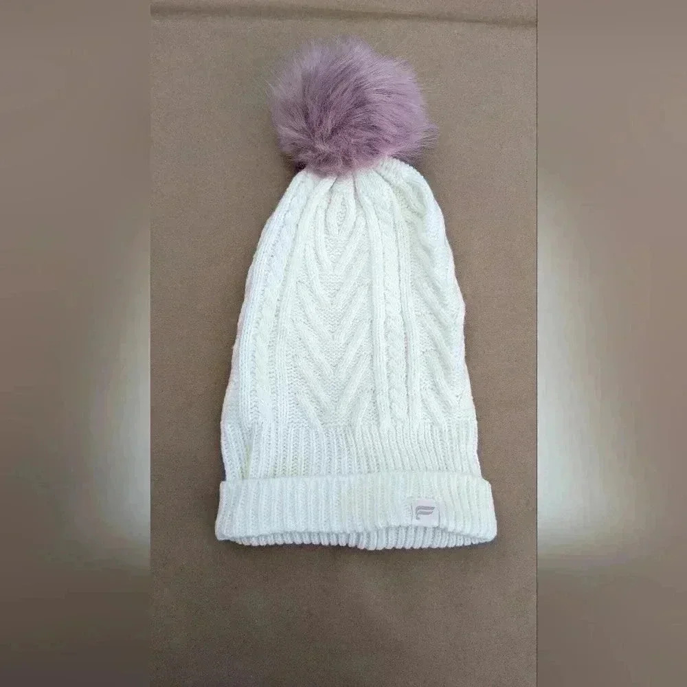 Fabletics Women's Cream Cable Knit Beanie w/ Purple Pom-Pom One Size. NWOT